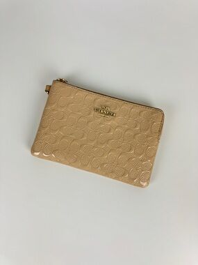 Coach Beige Embossed Patent Zip Pouch Wallet with Gold Logo